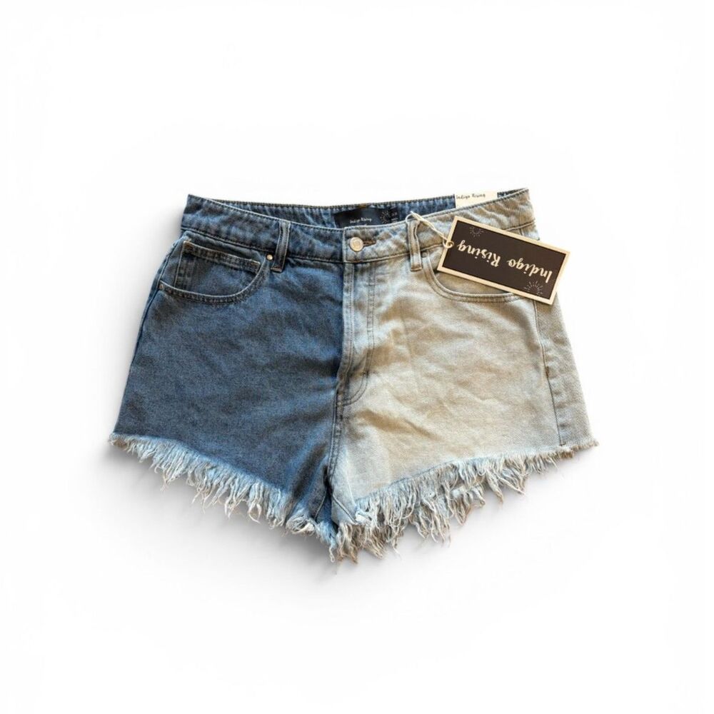 Indigo Rising Two-Tone Denim Jean Shorts Fringe Grunge NWT Juniors 13 31" Waist